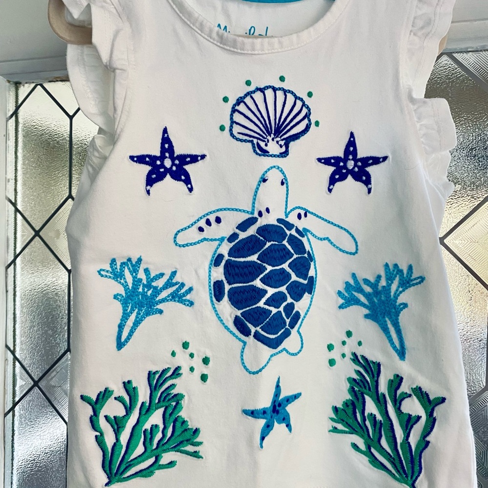 Mini Boden White Tank Top with Blue Sea Turtle Design